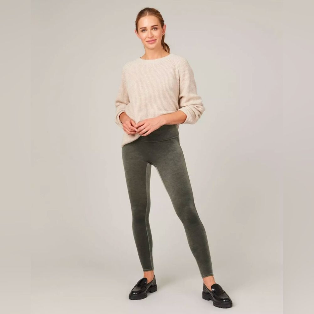 SPANX Velvet Shine Leggings NWT Womens Velour Skinny Ankle High Rise Green Sz L